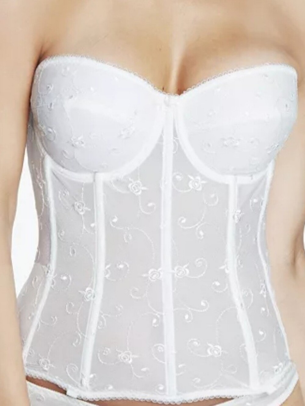 Dominique Intimates NWT Ivory Sheer Floral Embroidered Longline Bustier Sz 34D